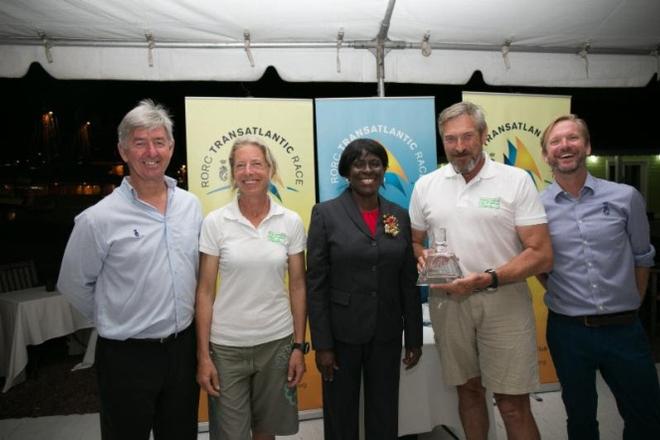 Eddie Warden Owen, RORC CEO, Miranda Merron (Class40, Campagne de France) , Dr. Clarice Modeste-Curwen, Minister for Tourism, Civil Aviation, Culture and Cooperatives, Halvard Mabire (Class40, Campagne de France), Nick Elliott, RORC Racing Manager. Class40 winners: Campagne de France - RORC Transatlantic Race © RORC/Arthur Daniel